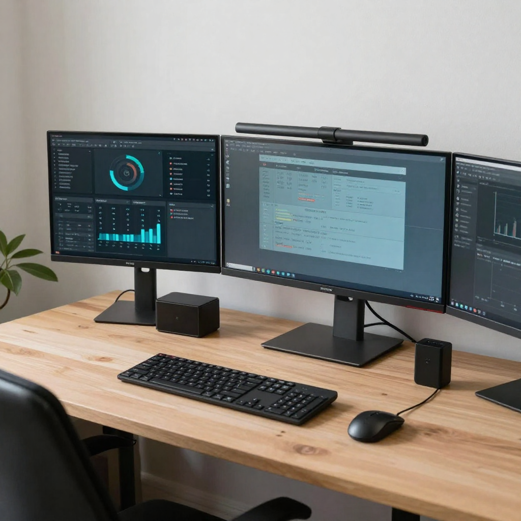 Espacio de trabajo moderno con análisis de datos en pantallas múltiples